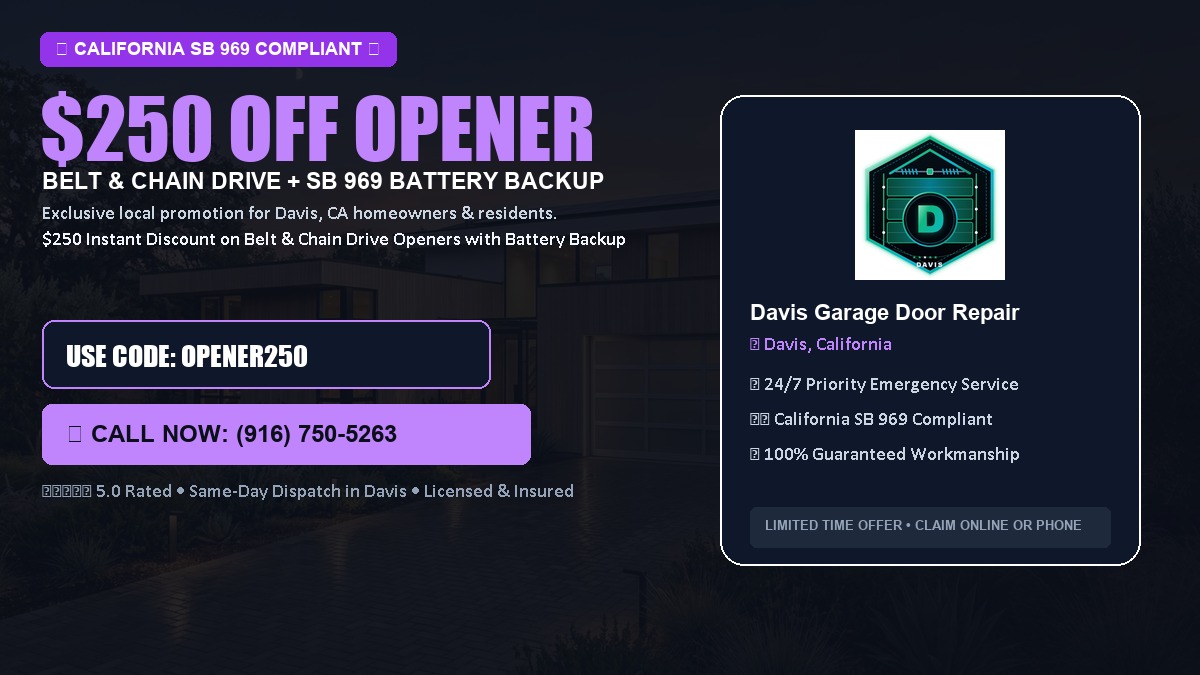 $250 OFF Smart Garage Door Opener Installation (Belt & Chain Drive with California SB 969 Battery Backup) in Davis, CA